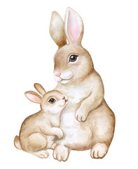 Obraz na płótnie Canvas Mom and baby. Gray rabbits, hares, easter bunnies isolated on white background. Three. Watercolor. Illustration. Handmade. Realistic