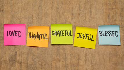 inspirational set of reminder notes against handmade amate paper:  loved, thankful, grateful,...