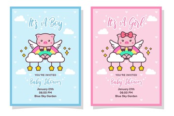 Cute Baby Shower Boy And Girl Invitation Card With Pig, Cloud, Rainbow, And Stars