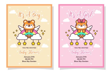 Cute Baby Shower Boy And Girl Invitation Card With Tiger, Cloud, Rainbow, And Stars