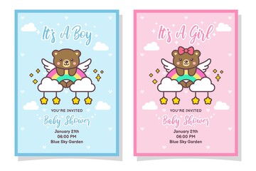 Cute Baby Shower Boy And Girl Invitation Card With Bear, Cloud, Rainbow, And Stars