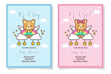 Cute Baby Shower Boy And Girl Invitation Card With Corgi Dog, Cloud, Rainbow, And Stars