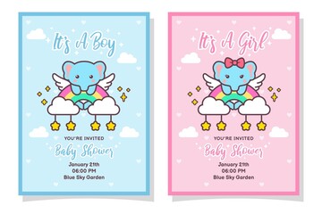 Cute Baby Shower Boy And Girl Invitation Card With Elephant, Cloud, Rainbow, And Stars