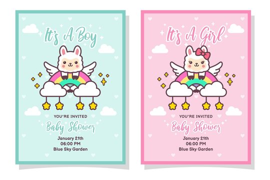 Cute Baby Shower Boy And Girl Invitation Card With Llama, Cloud, Rainbow, And Stars
