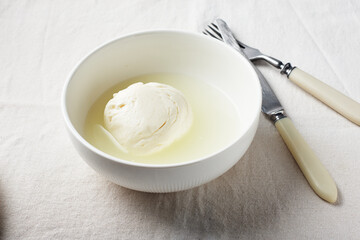 Mozzarella cheese ball in a bowl.