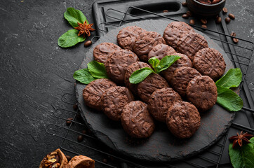 Sweet chocolate chip cookies. Baking. Top view, free copy space.