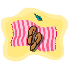 Vector illustration of beach pink towel laying on the sand with women shoes sandals and seashell on top of it. Sandy beach. Summer accessories