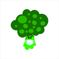 Four colorful sanitary masks and various healthy, cartoon vegetables, cucumber, tomato, broccoli on quarantine, poster.