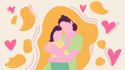 Mother and daughter hugging.Vector flat illustration.Mom and child.