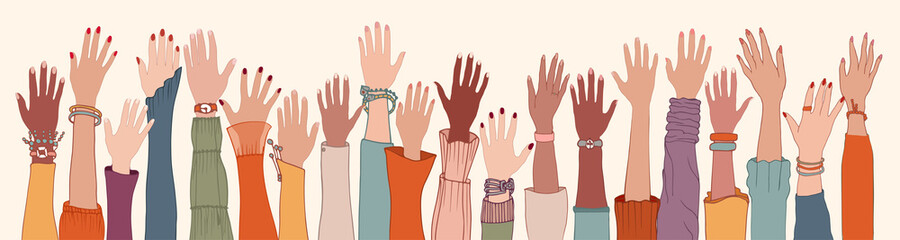 Group raised human arms and hands.Diversity multiethnic people.Racial equality.Men and women of diverse culture Coexistence harmony.Multicultural community integration.Males and females