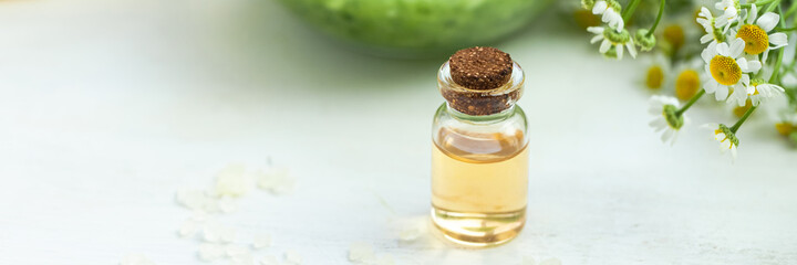 Concept of natural organic ingredients in cosmetics. Essential oil, extract of fruits and vegetables. Natural moisturizing body, face care. Camomile essence for healthy young skin. Banner close up