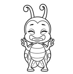 Cute happy cartoon little ladybug stand  and shows victory sign outline for coloring page isolated on white background