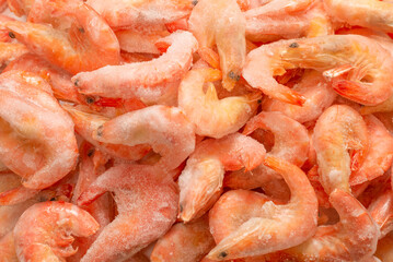 Fresh shrimps in ice. Top view.