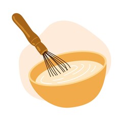 A bowl with white sauce, dough and whisk. Cooking recipe icon, mixing ingredients. Bakery design element. Simple hand-drawn illustration, isolated on white background. - obrazy, fototapety, plakaty