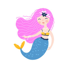 Mermaid vector isolate. Cute childish girl character with fish tail isolated on white background. Vector hand-drawn illustration in simple cartoon style. Colorful palette.