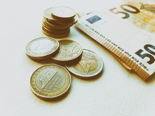Euro coins and banknotes. Euro currency project