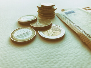 Euro coins and banknotes. Euro currency project