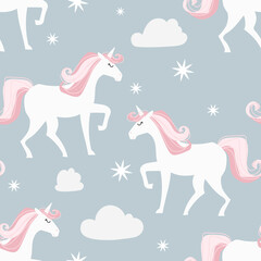 Seamless pattern with unicorns in the Doodle style. Rainbows and stars on a white background. Bright vector illustration for children's clothing, Wallpaper, notebooks or gift wrapping.