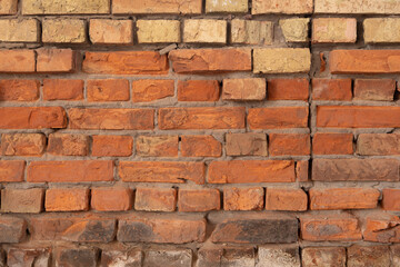 Fototapeta na wymiar Background of very old red brick wall, close-up ancient texture.