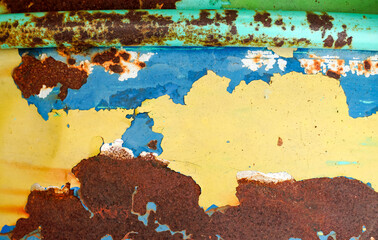 Rust of metals.Corrosive Rust on old iron Many colors.Use as illustration for presentation. Blue, yellow, green. 