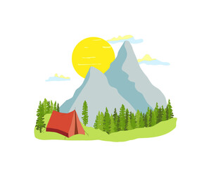 Red tent with forest and blue mountains in the background, sun, clouds. Simple flat design illustration isolated on whte background. Wildlife, camping in nature. 