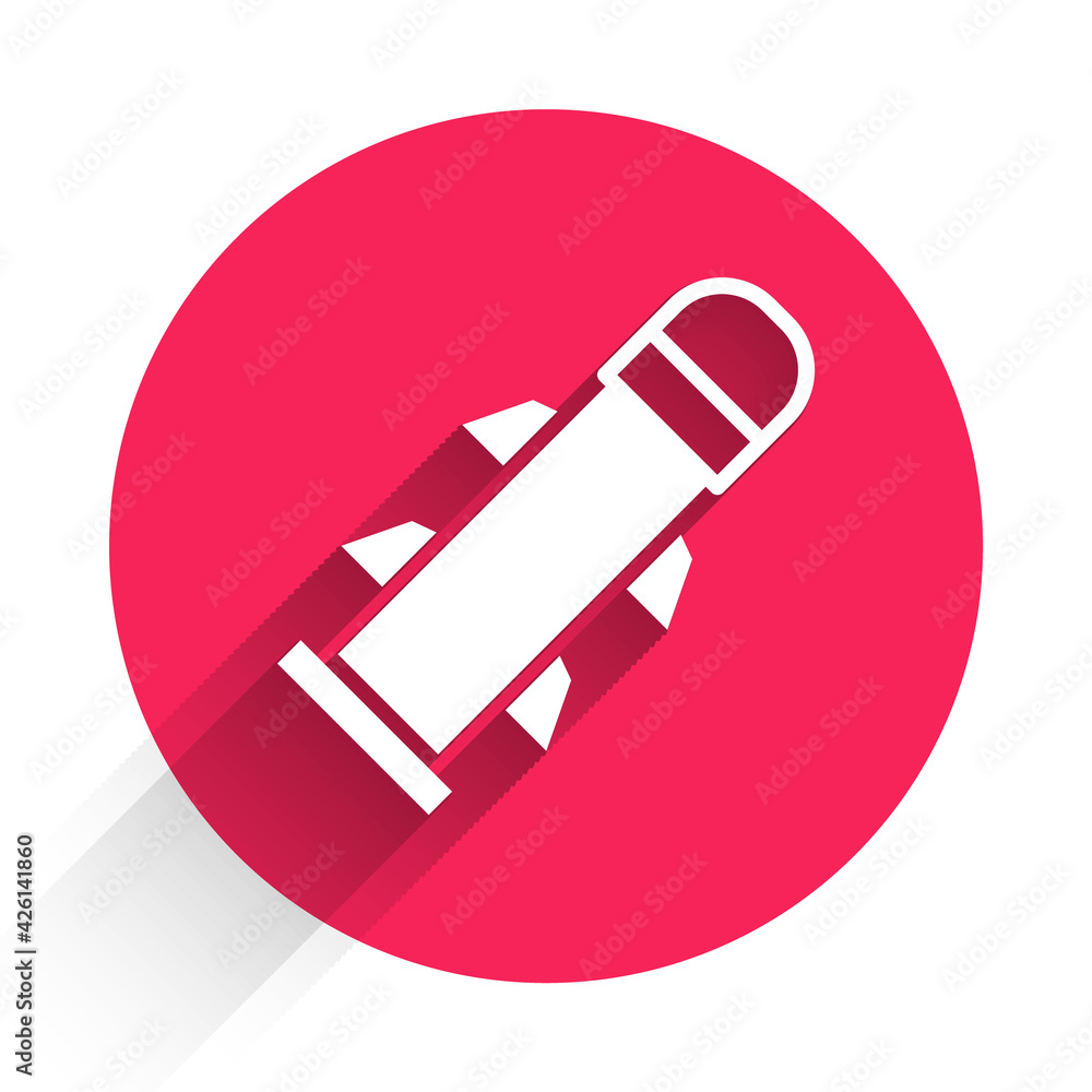 Poster white rocket icon isolated with long shadow. red circle button. vector