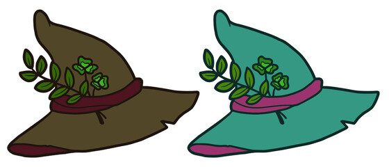 Witch hat. A hat decorated with plant leaves. 