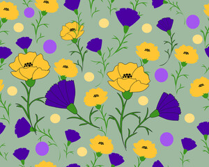 A bright seamless pattern of yellow and purple flowers on a gray background