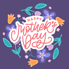 Elegant greeting card design with stylish text Mother's Day on colorful flowers decorated background.