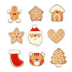 Gingerbread christmas cute cookies set. Biscuit charecters for new year design. Vector catroon illustration.