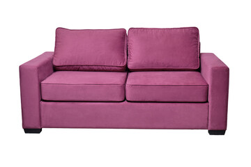 modern red fabric sofa isolated on white, front view. contemporary couch