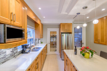 Modern, bright, clean, kitchen interior with stainless steel appliances in a luxury house