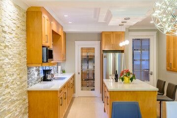 Modern, bright, clean, kitchen interior with stainless steel appliances in a luxury house