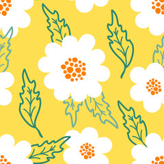 Seamless vector pattern with cute hand drawn daisies on yellow background. Abstract flower texture. Summer floral backdrop for wrapping paper, card, print, gift, fabric, wallpaper, banner, textile.