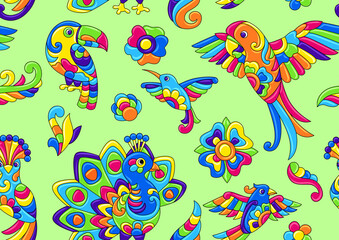 Seamless pattern with tropical birds. Mexican ceramic cute naive art.