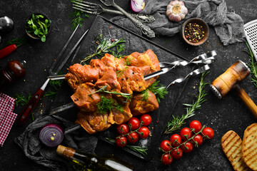 Raw veal skewers. Kebab Barbecue. Top view. Free copy space.