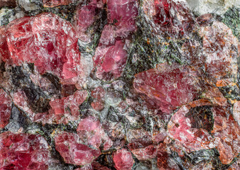 Mineral eudialyte. The structure of the rock on the fracture close-up.