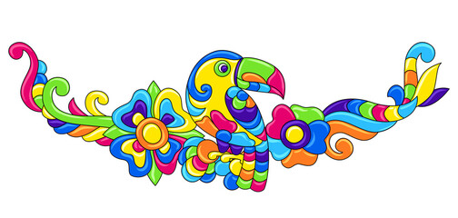 Obraz premium Decorative frame with tropical birds. Mexican ceramic cute naive art.