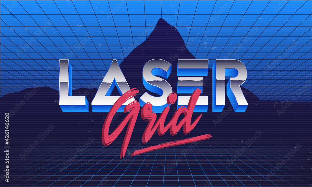 Wall mural Laser Grid logo. Retro 80's background template. Retro chrome logo with laser grid. Retrowave background. 1980's trendy style. Template for banner, poster, invitation, Vector illustration