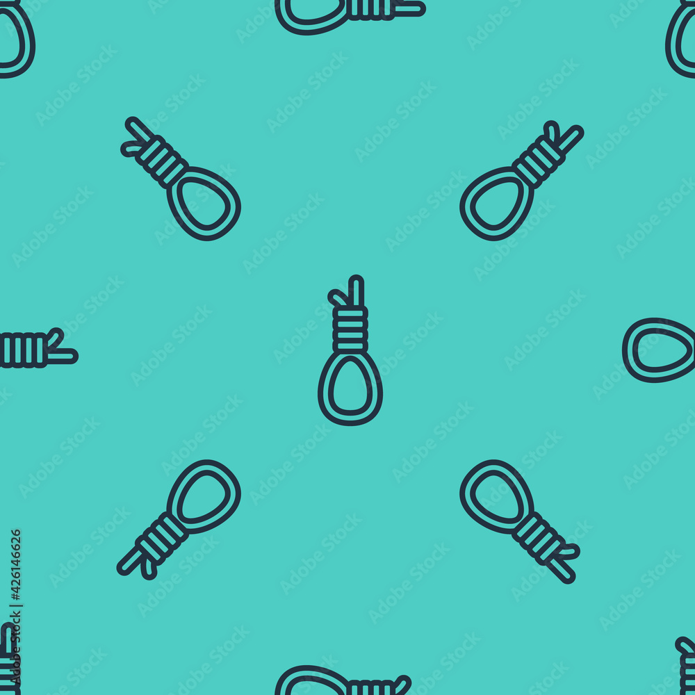 Poster black line gallows rope loop hanging icon isolated seamless pattern on green background. rope tied i
