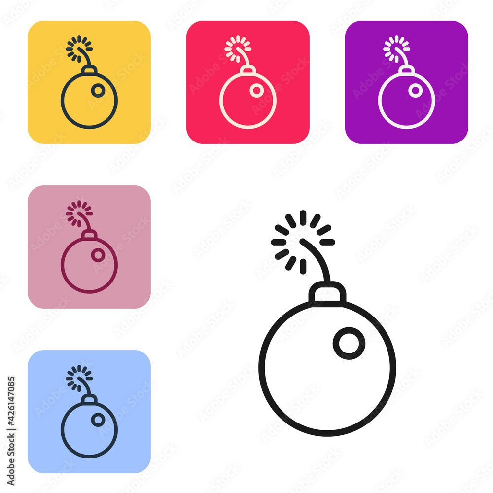Poster black line bomb ready to explode icon isolated on white background. set icons in color square button