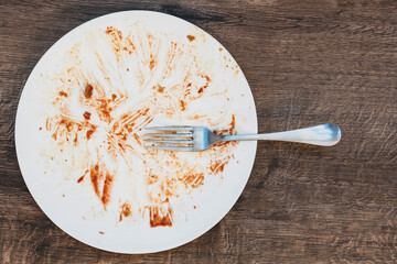 dirty plate after eating.  fork on a plate. Dirty dish after eating.