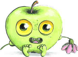 Green happy apple that smile but looking like a cute monster who hiding flower. Cute kids character with a gift, present. Children illustration