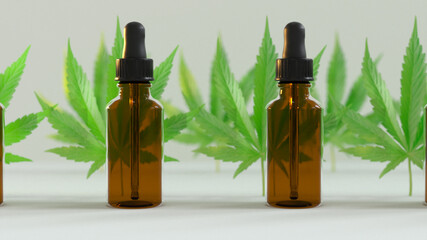 Seamless Loop of A lot of CBD oil bottles with marijuana or cannabis oil leafs in between. White brackground. an assembly line, essential oils, hemp oil, bottles. 4k loop. stocks of weed.