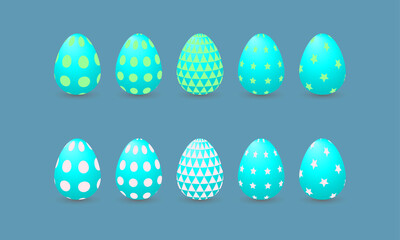 Happy Easter. Set of festive easter eggs on a blue background. Vector illustration