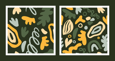 Obraz na płótnie Canvas Set of two different seamless colorful geometric pattern. Abstract shapes, forms, lines. Vector illustration on green background