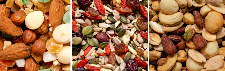 Assorted nuts and dry fruits. Colorful healthy vegan food background. Healthy food banner