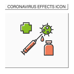 Covid vaccination color icon. Syringe, medical cross, corona virus molecule and vaccine container. Concept of collective immunization and pandemic end. Isolated vector illustration