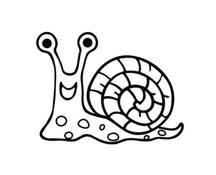Vector Cartoon Silhouette Outline Black Line Art Drawing illustration of a fun smiling snail slug with spiral shell on its back.Plotter cutting.Vinyl wall sticker.Laser cut.Coloring pages for kids.