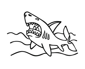 Vector Cartoon Silhouette Outline Black Line Art Drawing Illustration of angry toothy shark fish in the ocean water waves.Laser cutting.Coloring pages for kids.Plotter cut.Vinyl wall sticker. DIY.